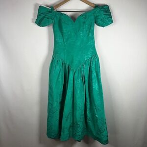 Vintage 80s Alfred Angelo Dress Women 0-2 XS Green Off The Shoulder Pleated Midi